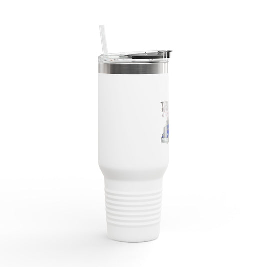 Dark gray Printify 40oz insulated truckers' travel mug with a sturdy handle and spill-proof lid for hot and cold beverages.
