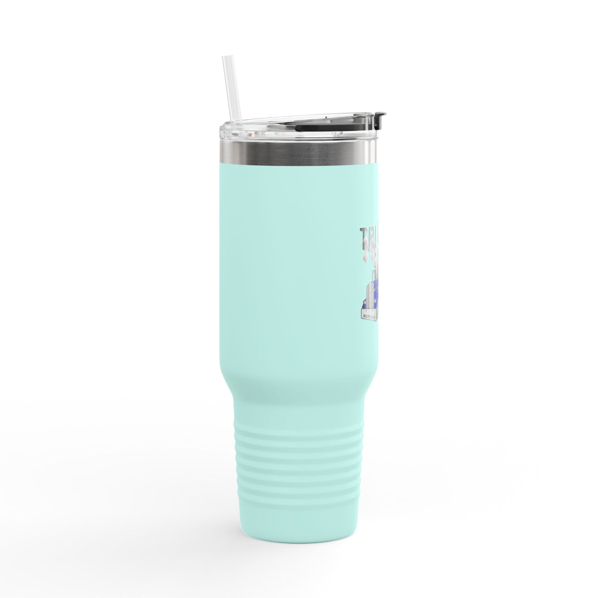 Dark gray Printify 40oz insulated travel mug designed for truckers, featuring a sturdy handle and spill-resistant lid.