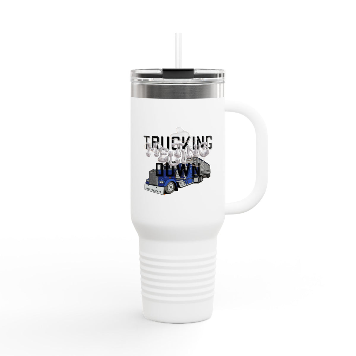 Dark gray Printify 40oz insulated travel mug designed for truckers, featuring a large capacity and durable construction.