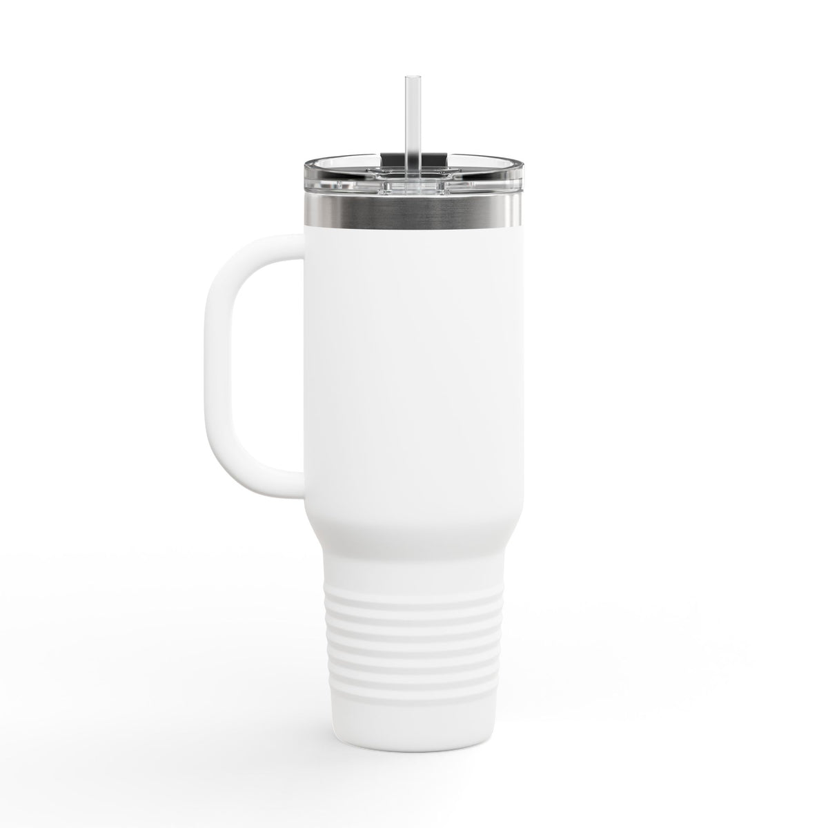 Dark gray 40oz insulated truckers' travel mug by Printify, featuring a sturdy handle and spill-proof lid for hot or cold beverages.