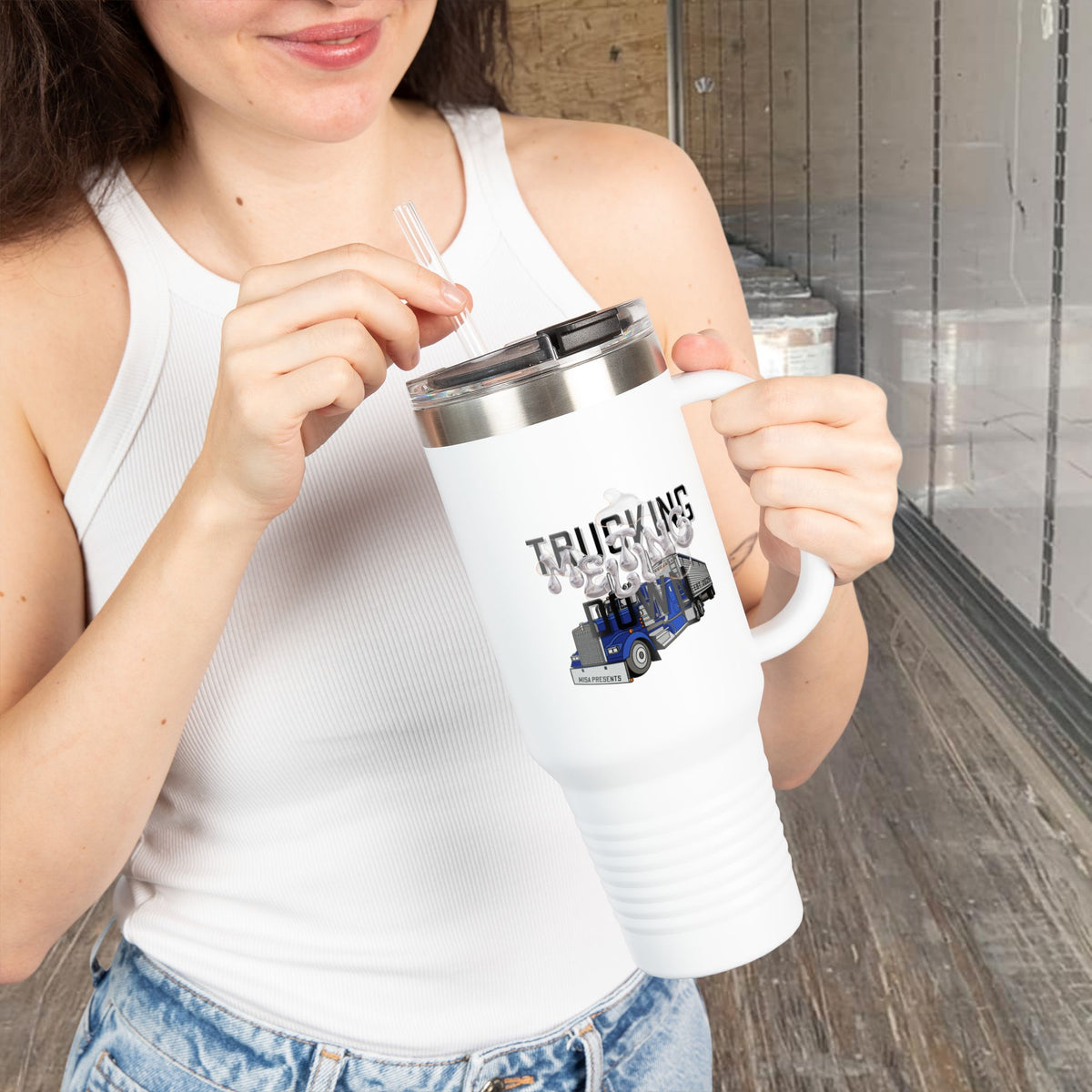 Dark gray Printify 40oz insulated travel mug designed for truckers, featuring a durable, spill-proof construction and ergonomic handle.