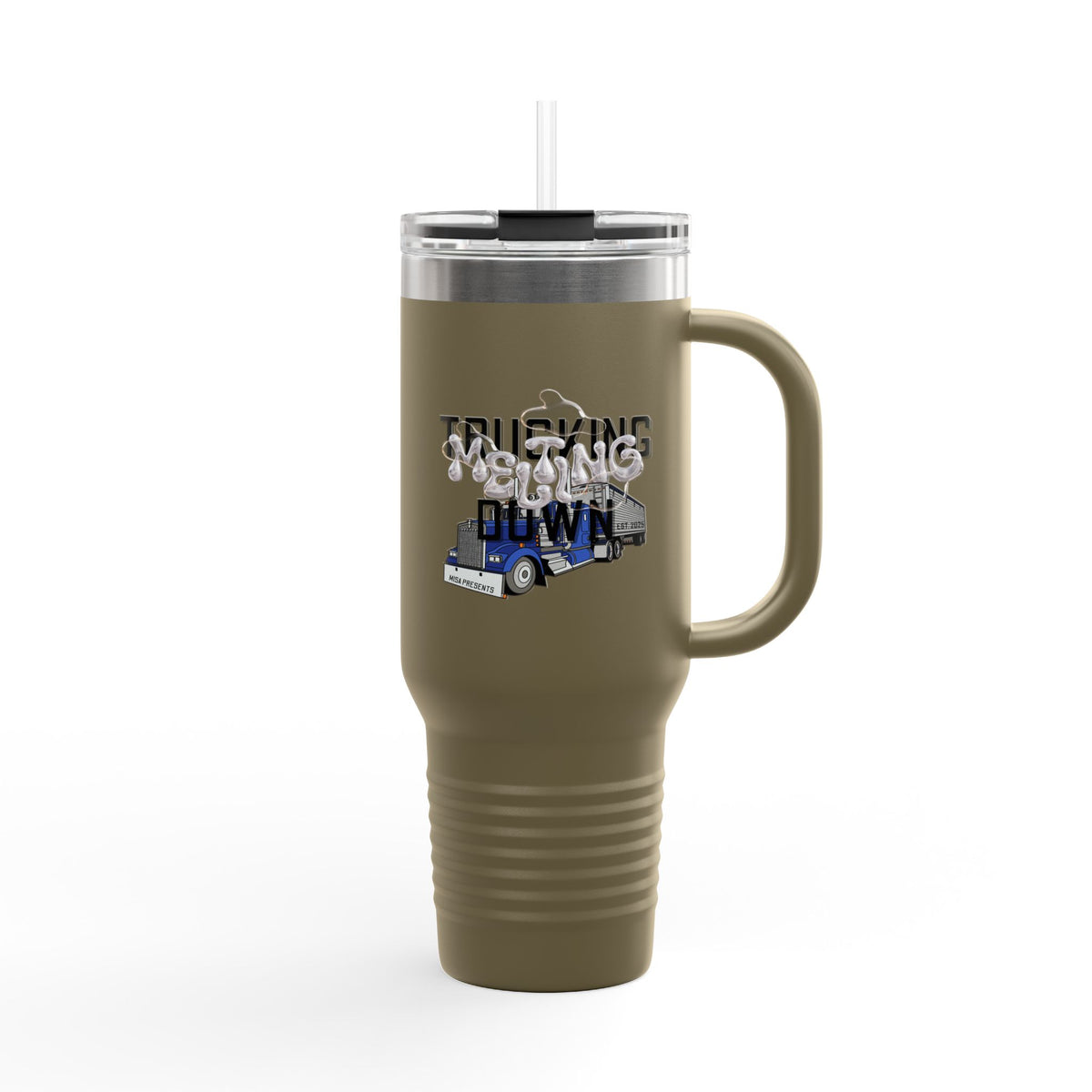 Dark gray Printify 40oz insulated travel mug designed for truckers, with a durable, spill-resistant lid and ergonomic handle.