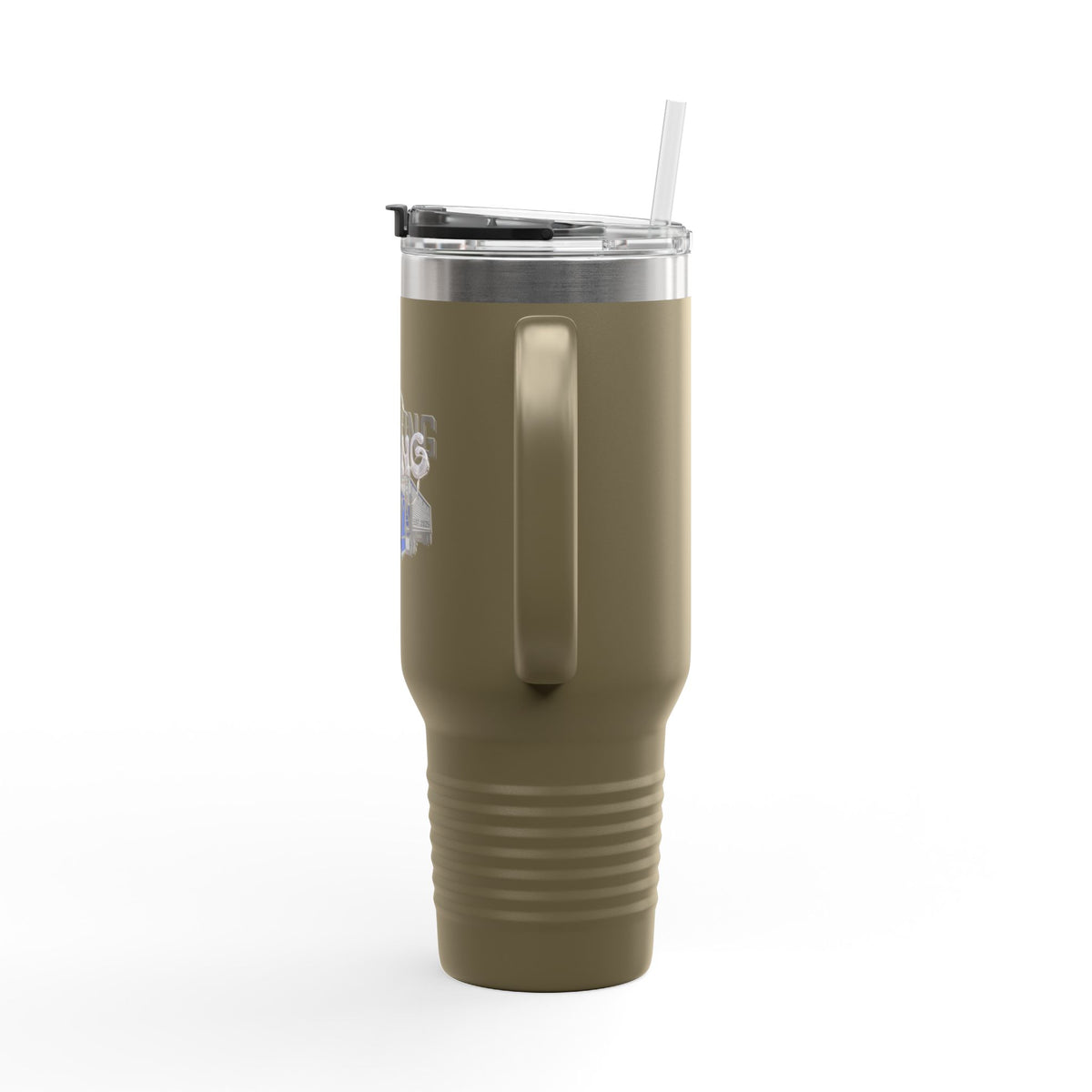 Dark gray Printify 40oz insulated truckers' travel mug with a sturdy handle and leak-proof lid for hot and cold beverages.