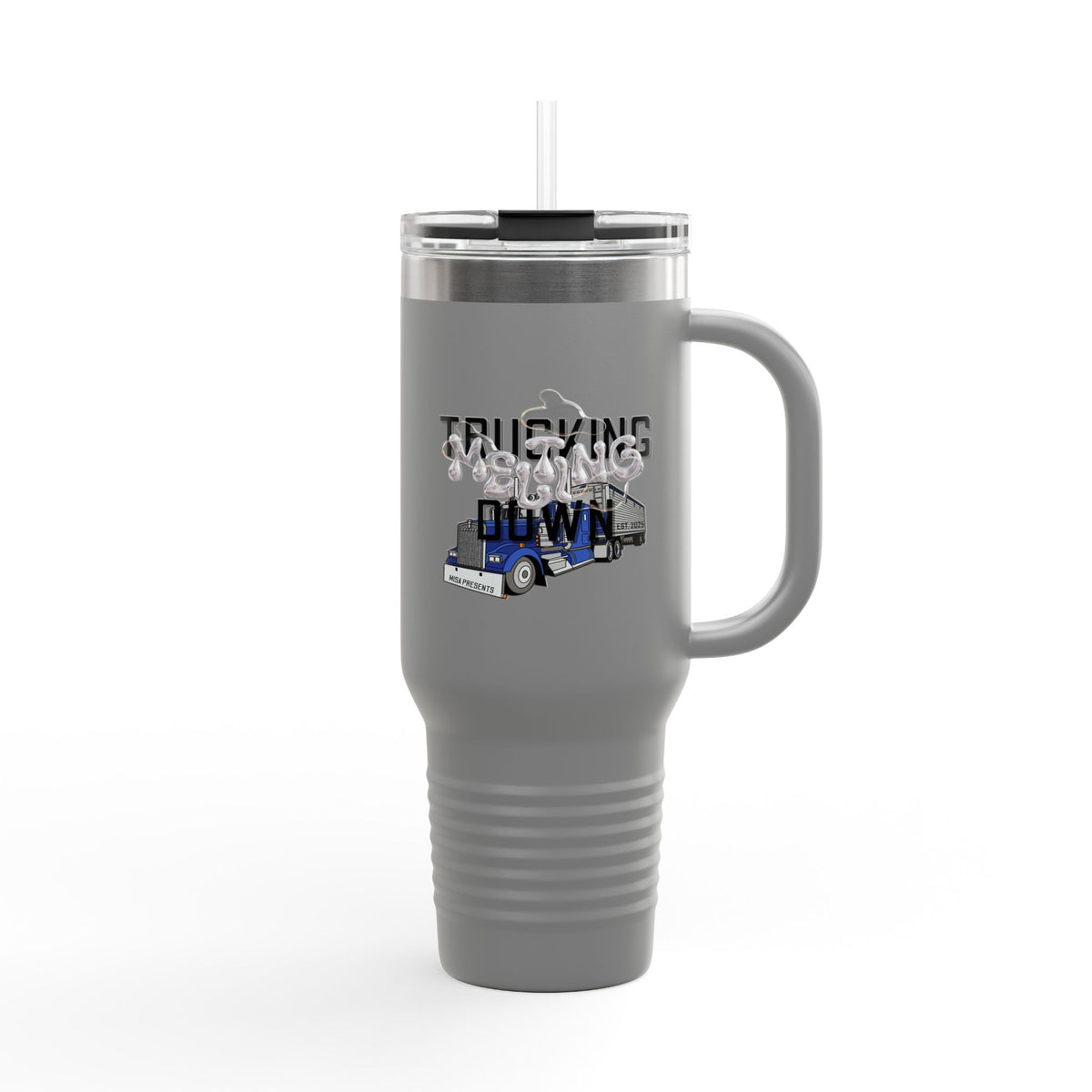 Dark gray Printify 40oz insulated travel mug with a truckers' design, featuring a sturdy handle and spill-resistant lid.