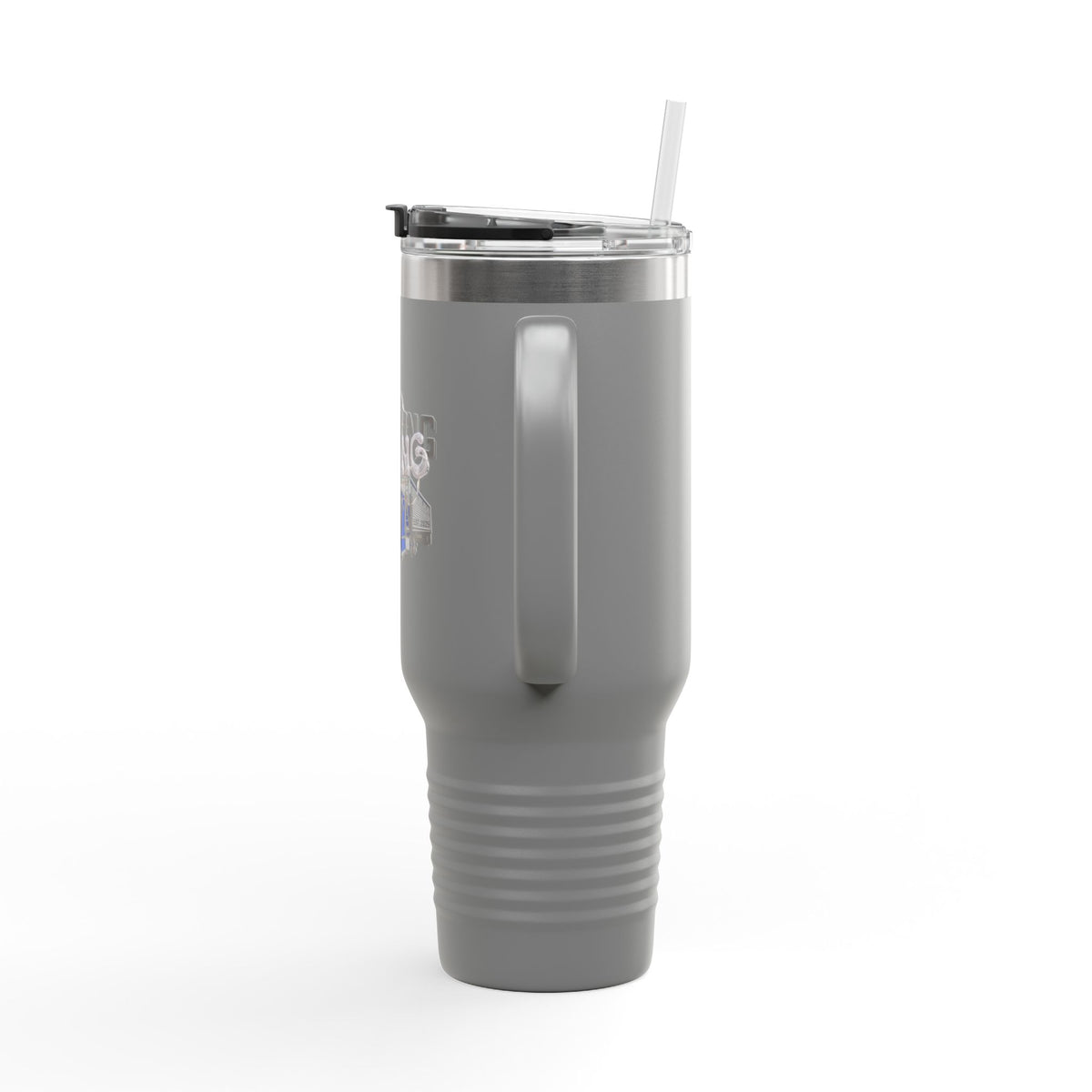 Dark gray Printify 40oz insulated travel mug designed for truckers, with a durable, double-wall stainless steel construction.