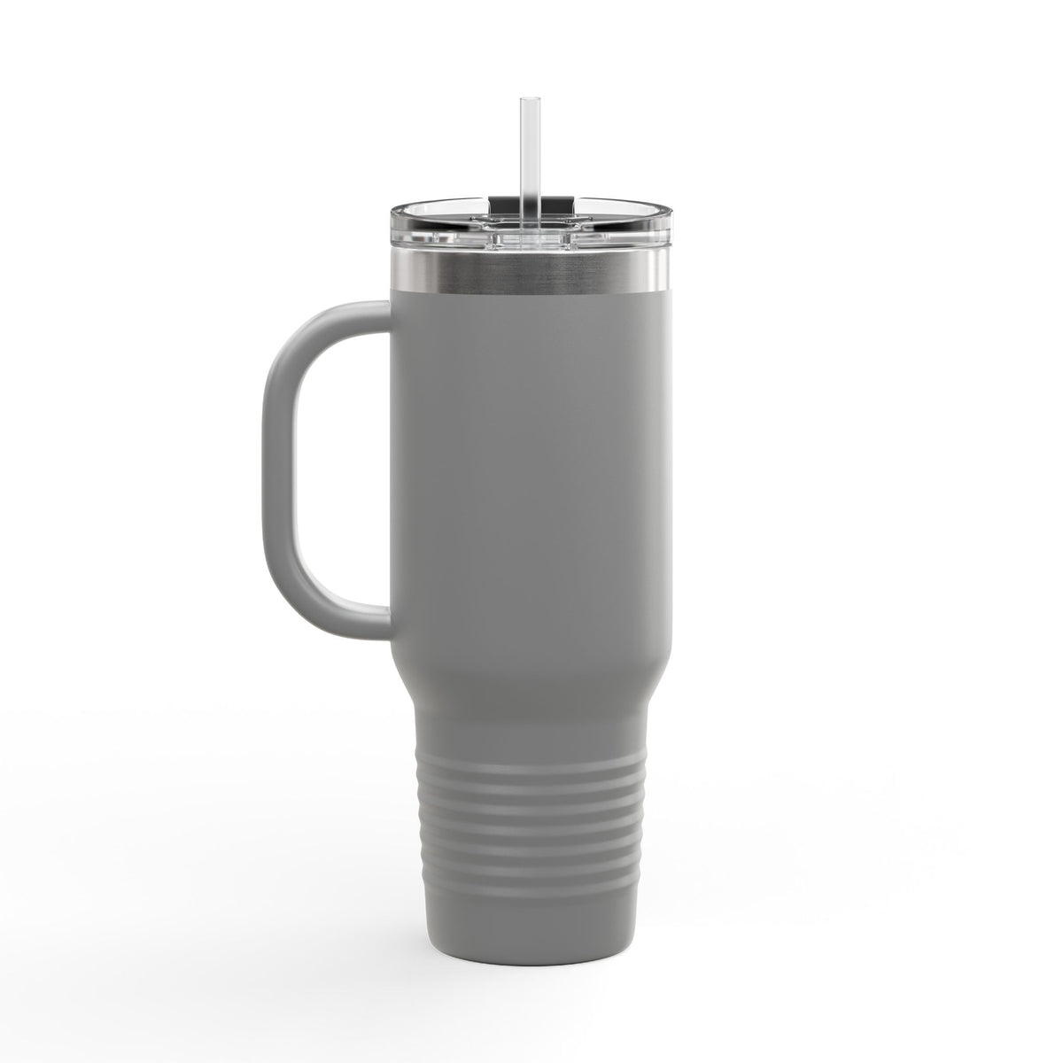 Dark gray Printify 40oz insulated travel mug with a sturdy handle, designed for truckers and on-the-go use.