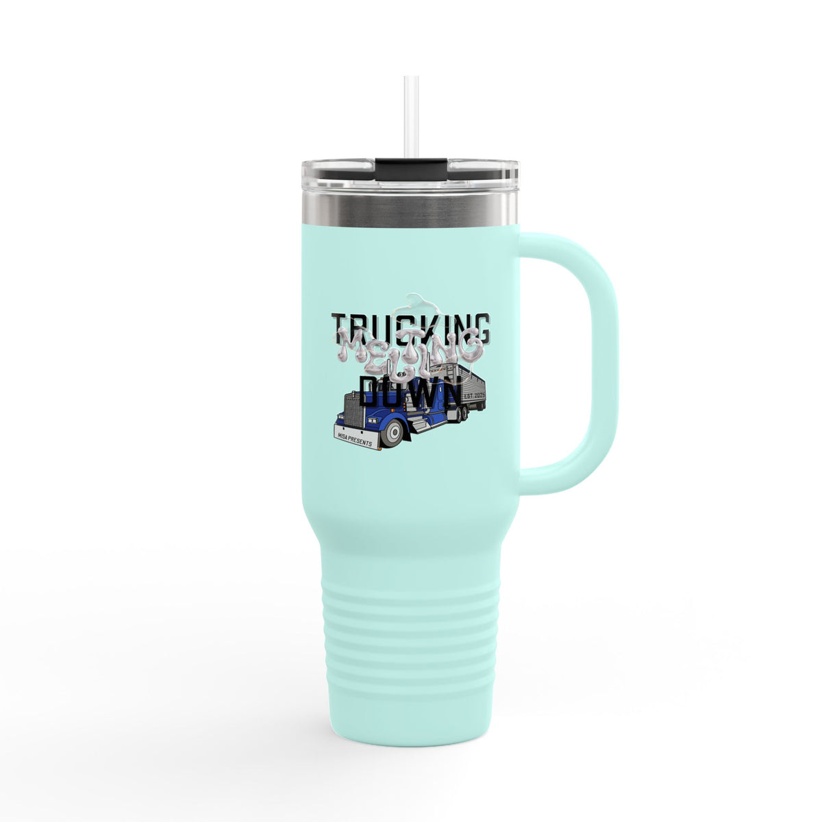 Dark gray Printify 40oz insulated truckers' travel mug with handle, designed for hot and cold beverages on the go.
