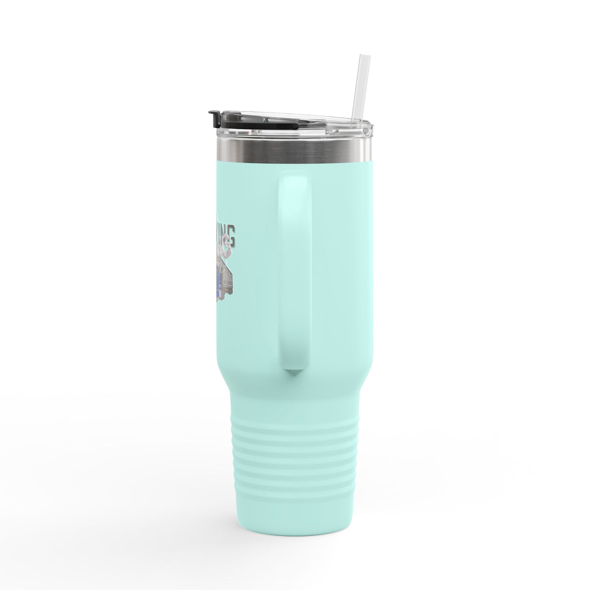 Dark gray Printify 40oz insulated travel mug with a sturdy handle, ideal for hot or cold drinks on the go.