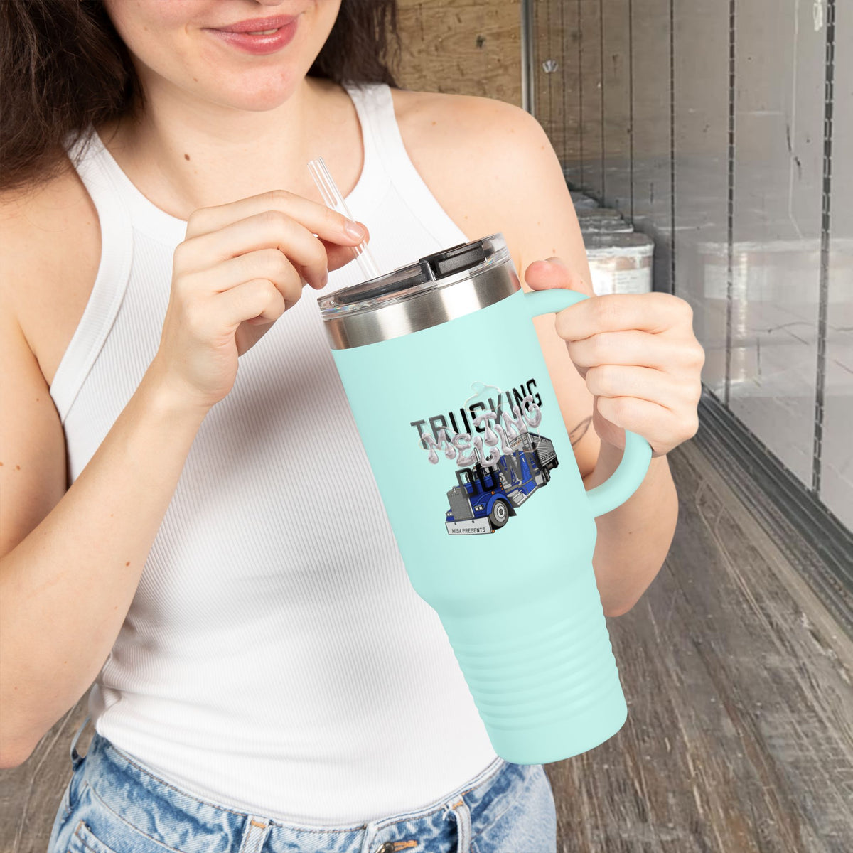 Dark gray 40oz insulated travel mug by Printify featuring a durable design for truckers and travel use.
