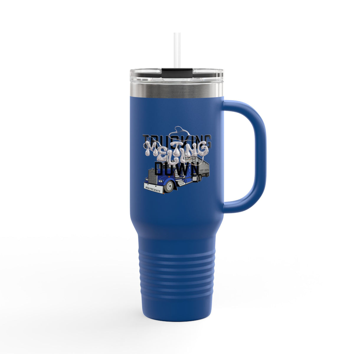 Dark gray Printify 40oz insulated travel mug designed for truckers, featuring a durable, spill-resistant construction for hot and cold drinks.