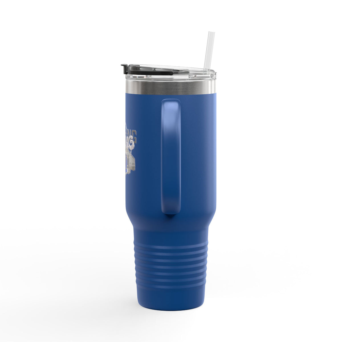 Dark gray Printify 40oz insulated truckers' travel mug with a sturdy handle and spill-resistant lid.