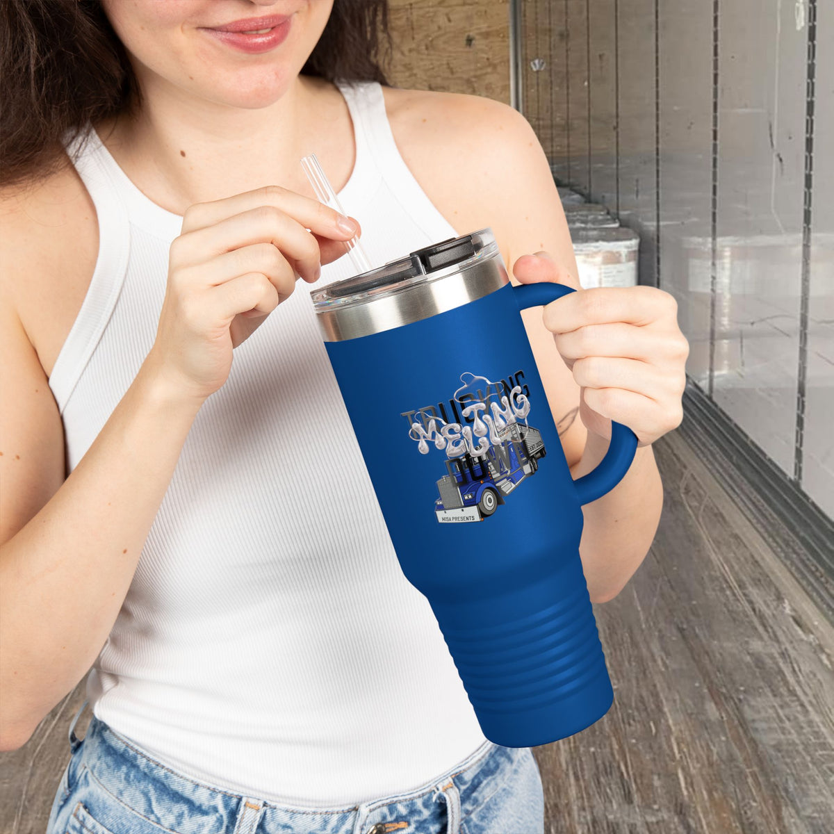 Dark gray Printify 40oz insulated truckers' travel mug with a sturdy handle and spill-resistant lid.