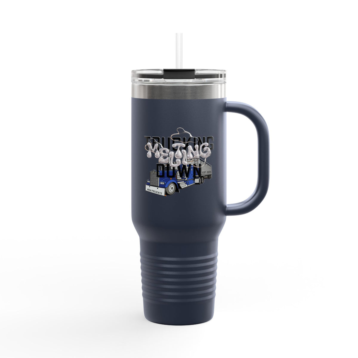 Dark gray 40oz insulated truckers' travel mug by Printify with a sturdy handle and spill-resistant lid.