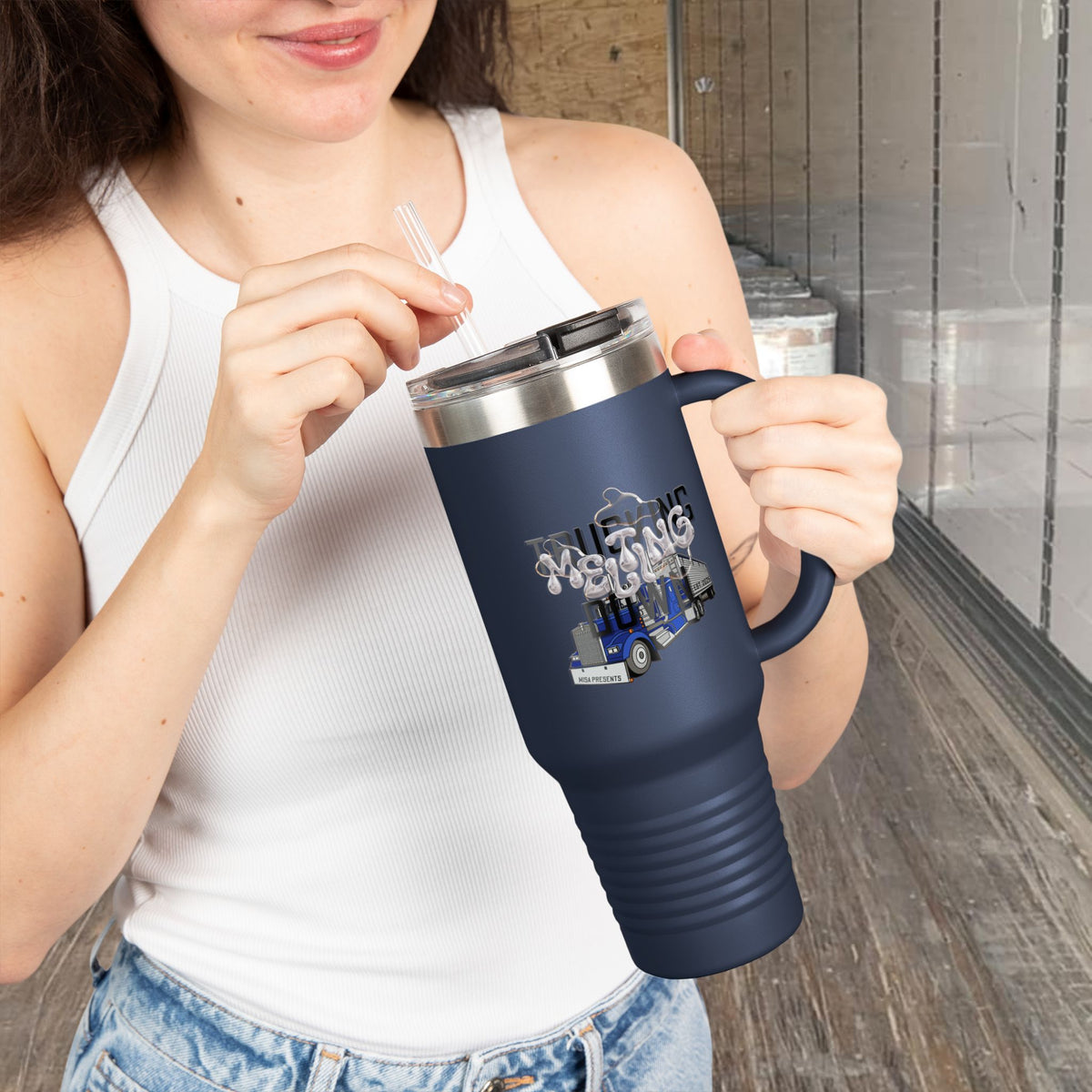 Dark gray Printify 40oz insulated truckers' travel mug with a sturdy handle and spill-proof lid, ideal for on-the-go hydration.