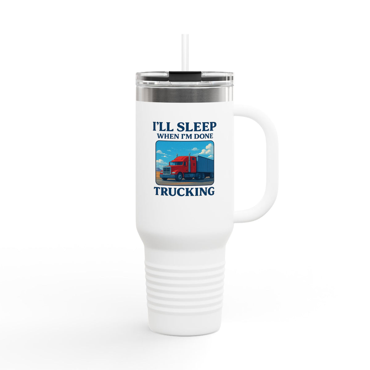 Red 40oz insulated truck driver travel mug by Printify with a truck graphic, ideal for long trips and truckers.