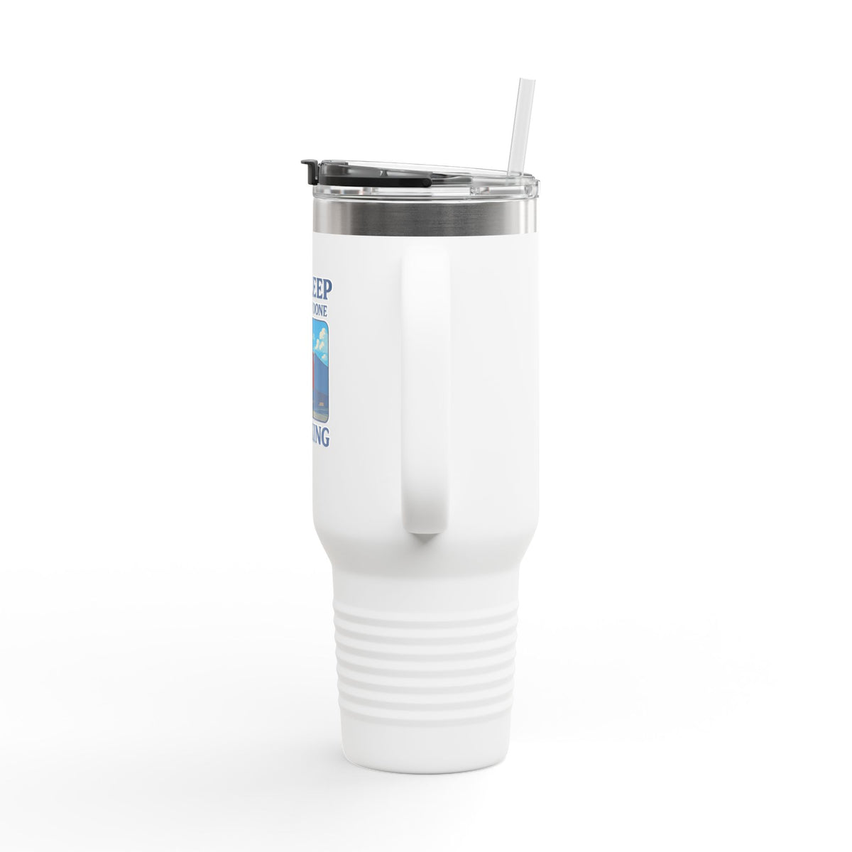 Red 40oz insulated truck driver travel mug by Printify, featuring a truck graphic, ideal for truckers' beverages on the go.