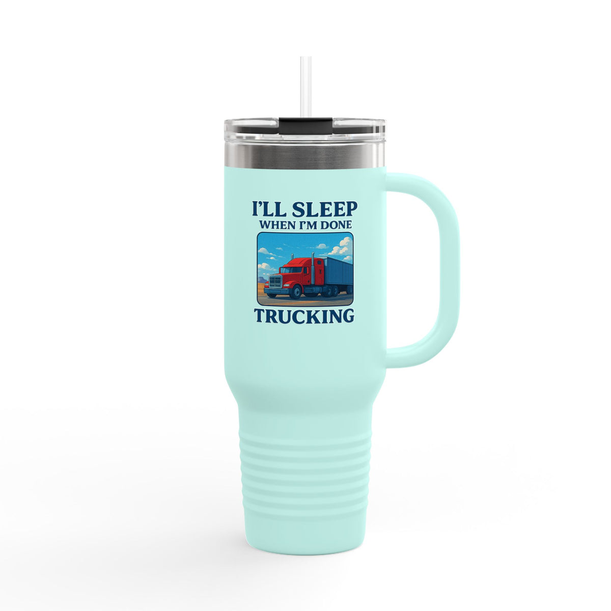 Red 40oz insulated truck driver travel mug by Printify with truck graphic, ideal for long trips and gift for truckers.