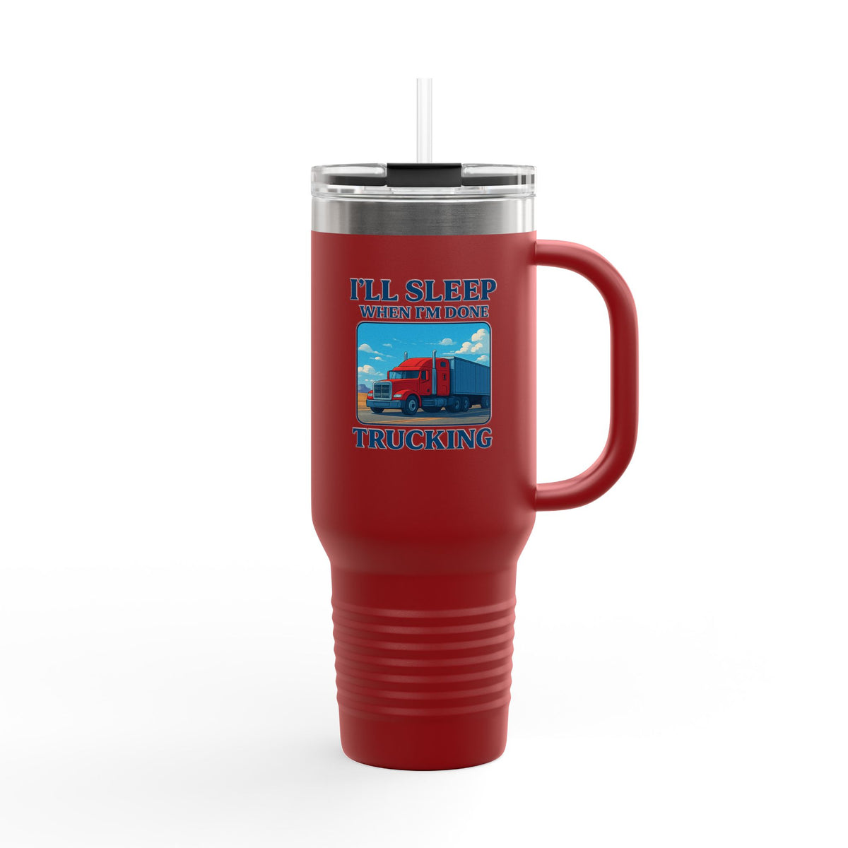 Red 40oz insulated truck driver travel mug by Printify, featuring a truck design, ideal for truckers on the go.