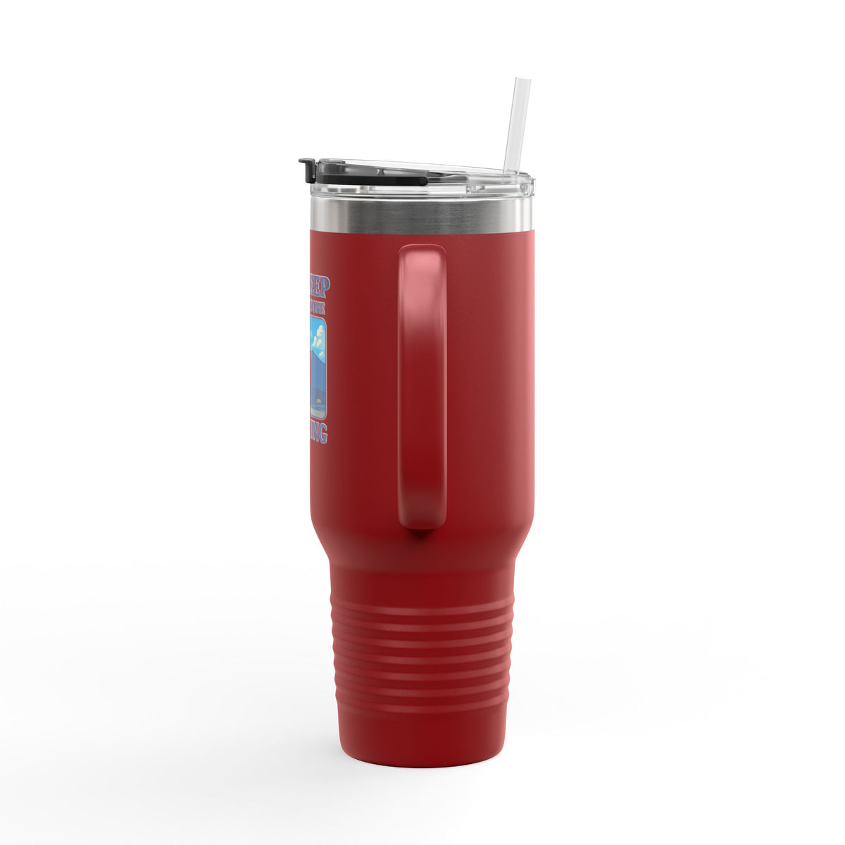 Red 40oz insulated truck driver travel mug by Printify with a truck graphic, designed for truckers and long trips.