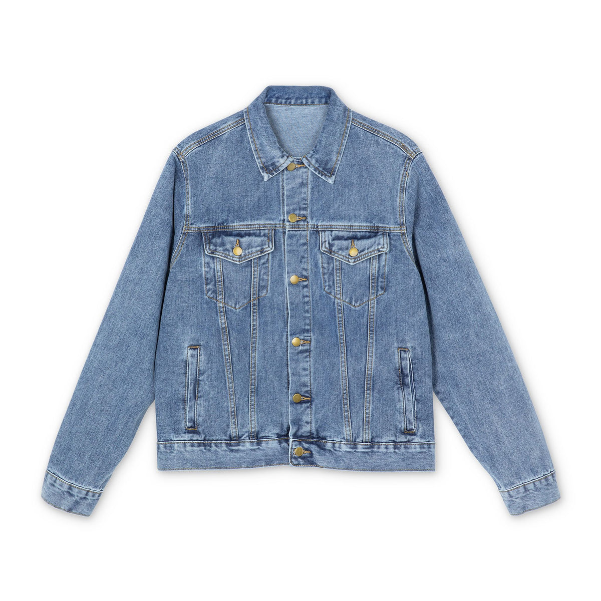 Men's denim jacket by Printify, medium wash outerwear with "I'll Sleep When I'm Done" print, ideal for truckers.