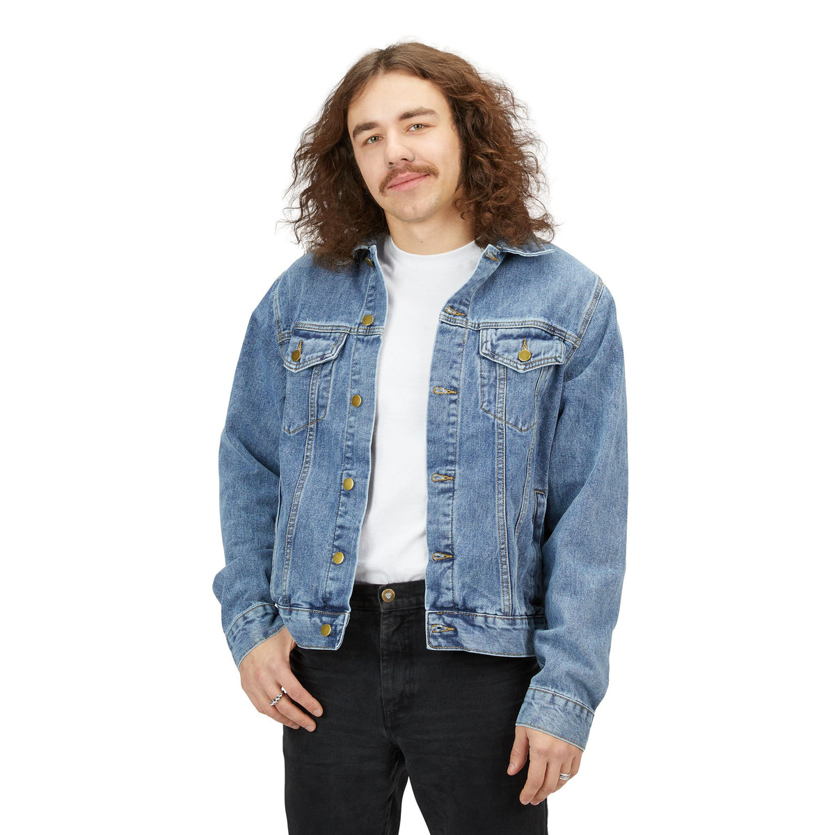 Men's denim jacket with "I'll Sleep When I'm Done" print, casual trucker outerwear in medium wash denim from Printify.