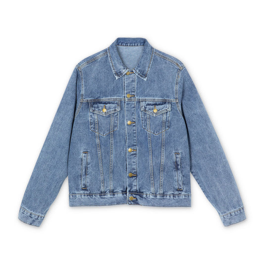 Patriotic men's denim jacket with eagle design, casual outerwear in medium wash, by Printify.