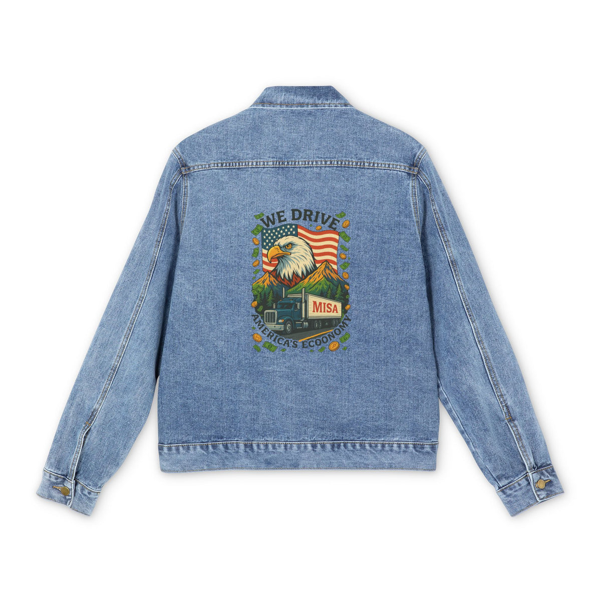 Patriotic men's denim jacket with eagle design, stylish outerwear in medium wash denim from Printify.