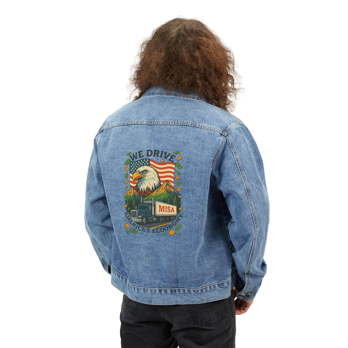 Patriotic men's denim jacket with eagle design, medium wash, stylish outerwear by Printify featuring patriotic motifs and rugged denim.
