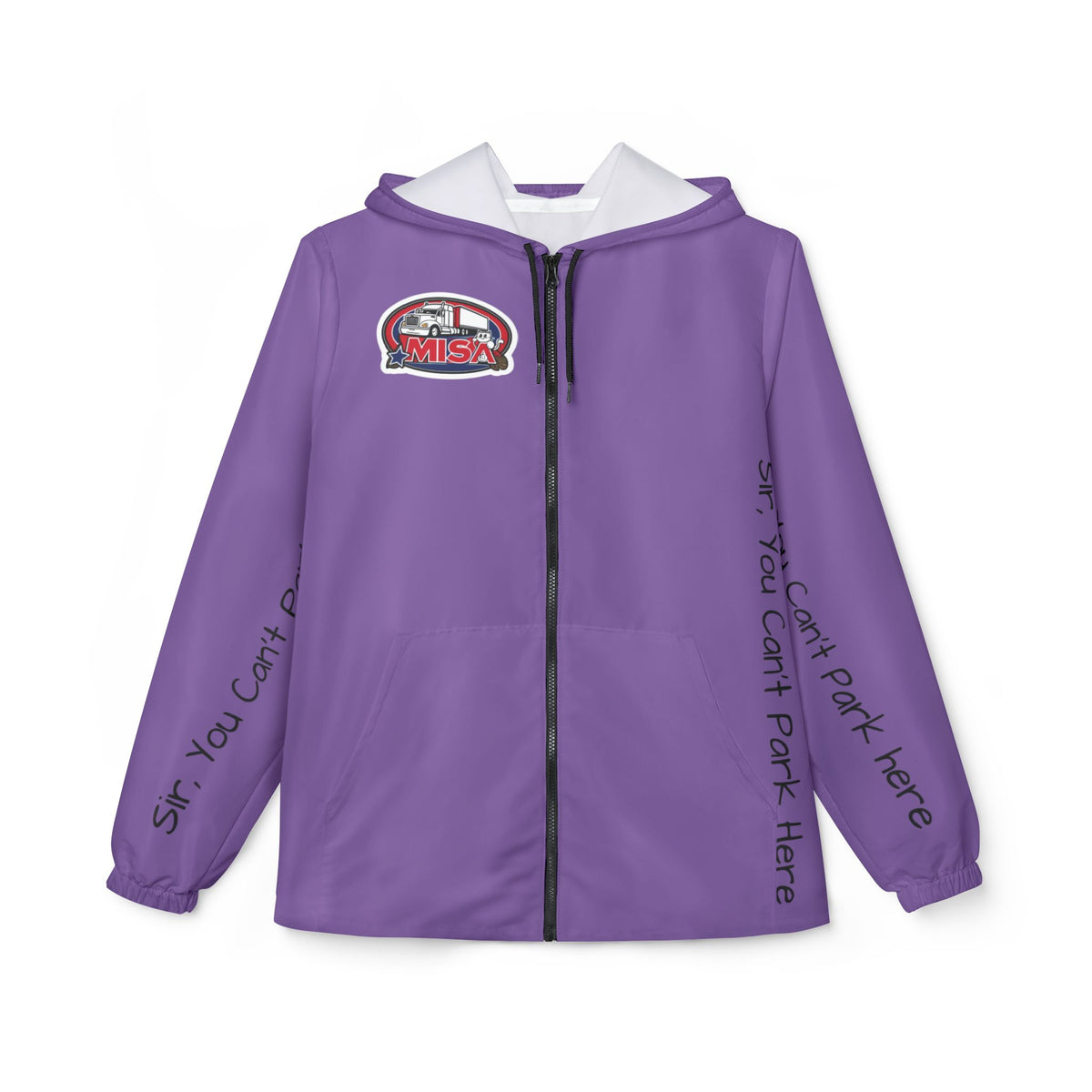 Funny graphic windbreaker jacket by Printify with "Sir, You Can't Park Here" slogan, lightweight outerwear with bold print.