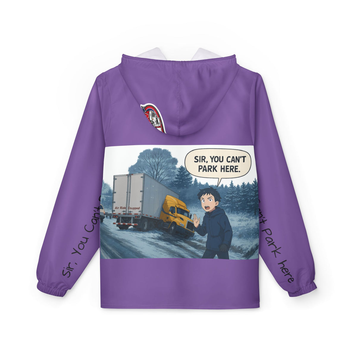 Funny graphic windbreaker jacket featuring a humorous message, lightweight outerwear from Printify with a casual fit.