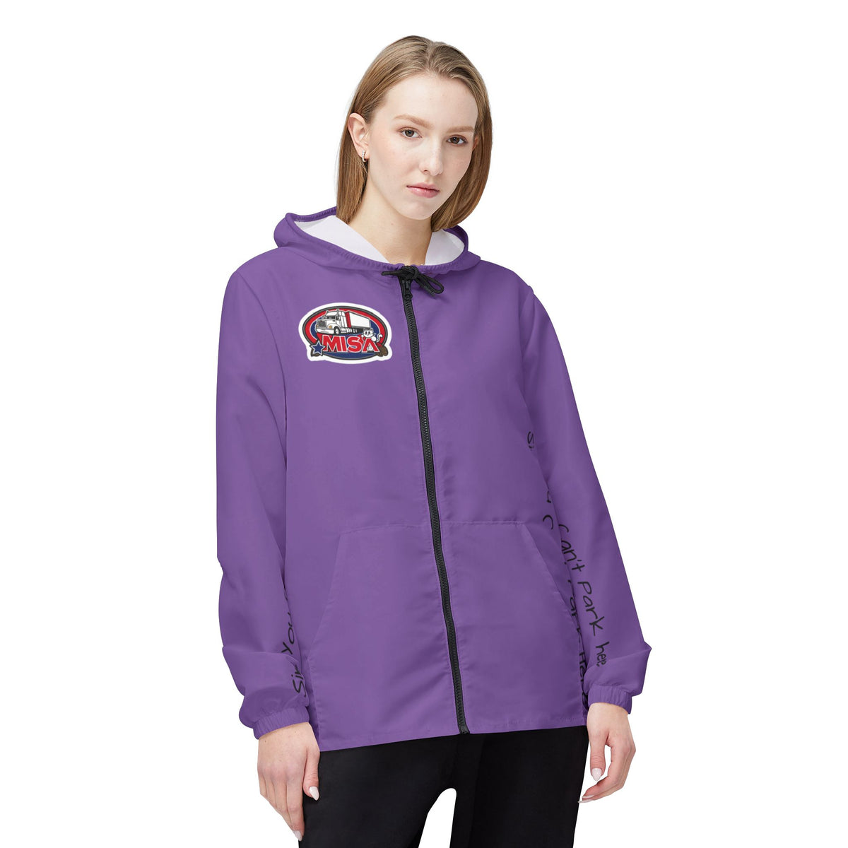 Funny graphic windbreaker jacket by Printify with "Sir, You Can't Park Here" slogan, lightweight outdoor outerwear for men.