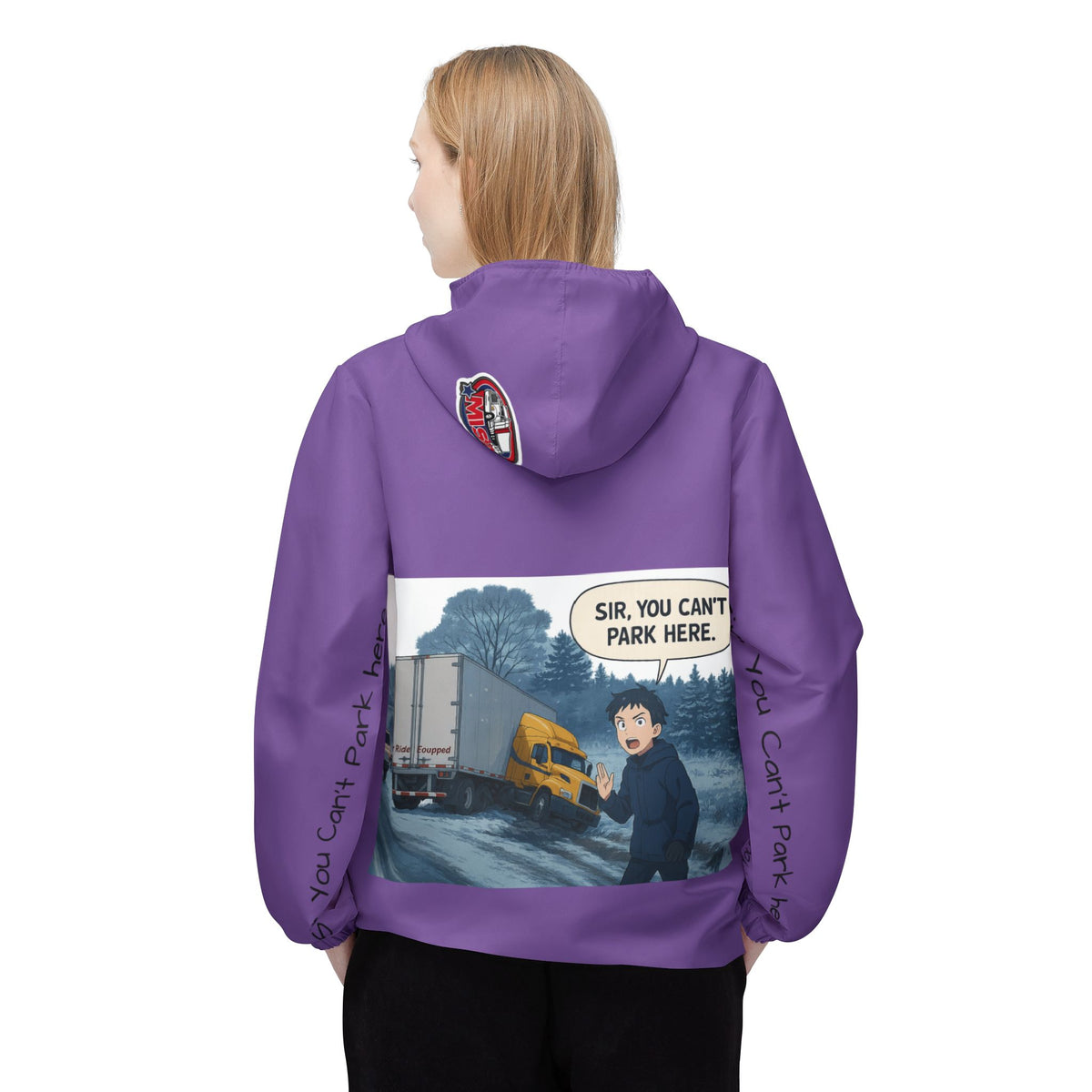 Funny graphic windbreaker jacket by Printify featuring the humorous "Sir, You Can't Park Here" design, outerwear for casual wear.