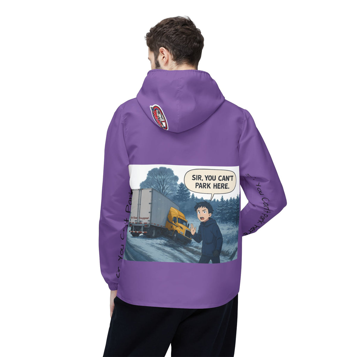 Funny graphic windbreaker jacket by Printify featuring the humorous "Sir, You Can't Park Here" design, lightweight outerwear for casual wear.