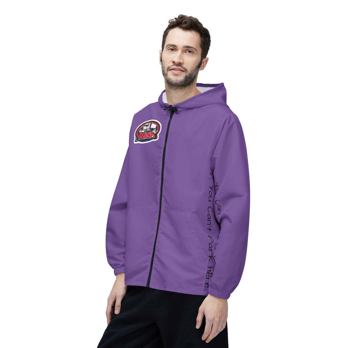 Funny graphic windbreaker jacket by Printify featuring the bold text "Sir, You Can't Park Here" on lightweight outerwear.