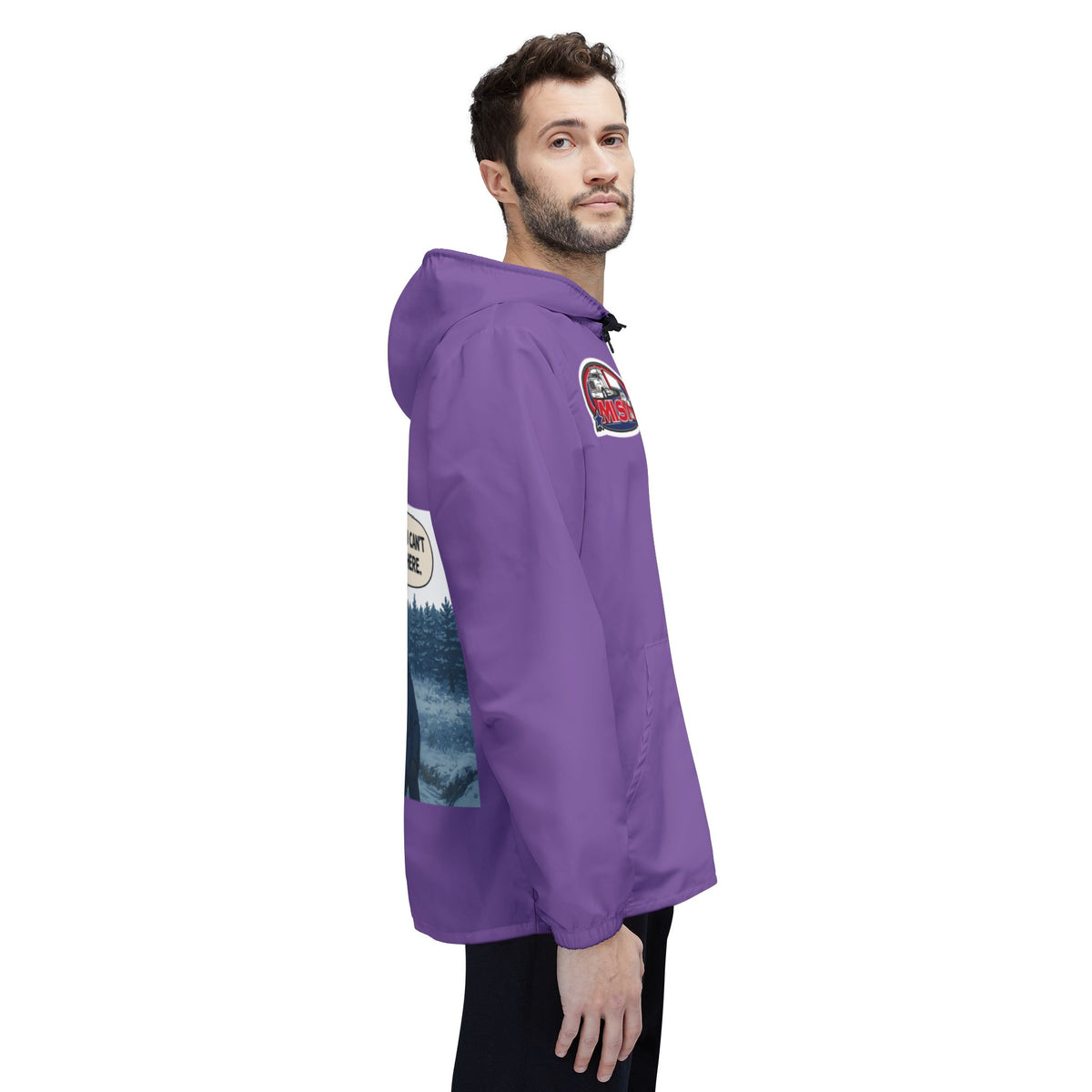 Funny graphic windbreaker jacket by Printify featuring the humorous "Sir, You Can't Park Here" design, lightweight outerwear for casual wear.