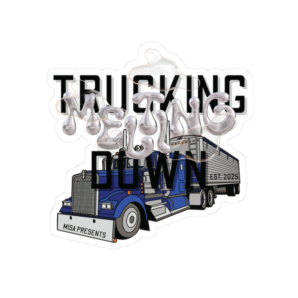 White paper stickers featuring a bold truck design, perfect for truck enthusiasts, from Printify's trucking down kiss-cut sticker collection.