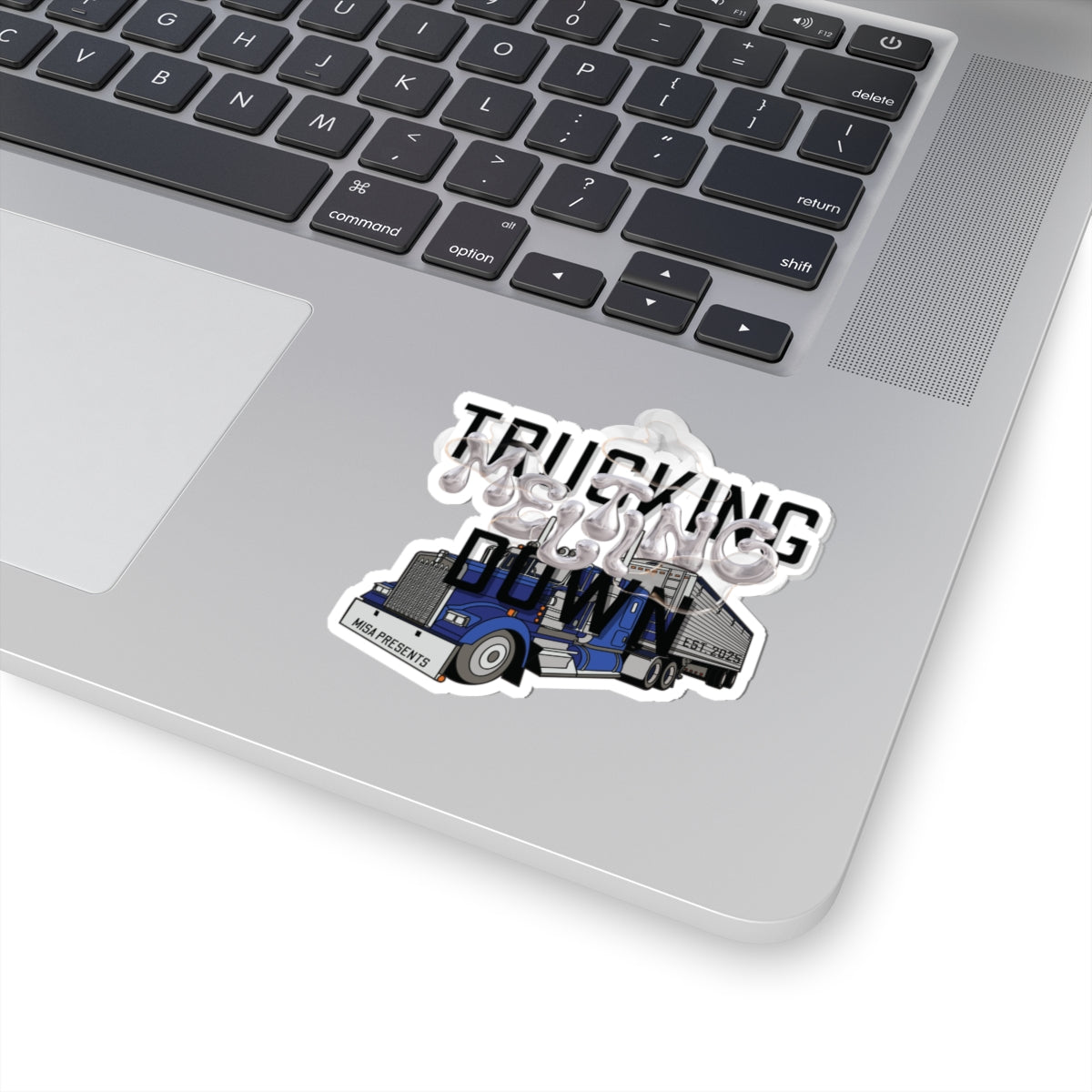 White paper trucking down kiss-cut sticker featuring a bold truck design, ideal for truck enthusiasts and vehicle decor.