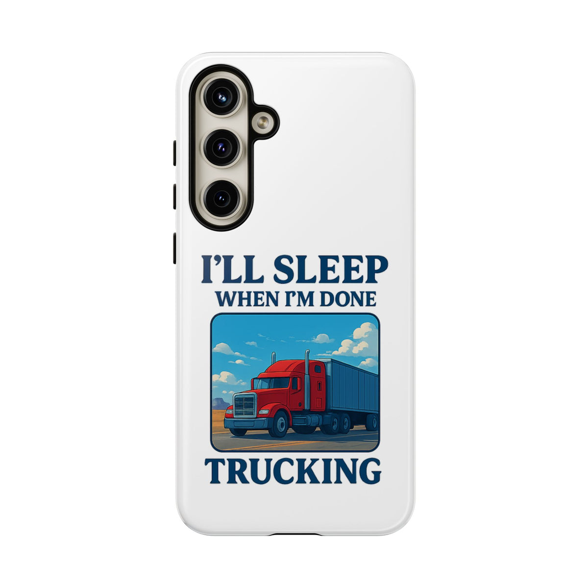 Glossy iPhone 16 Pro trucker phone case with "I'll Sleep When I'm Done Trucking" design by Printify, featuring a trucking theme.