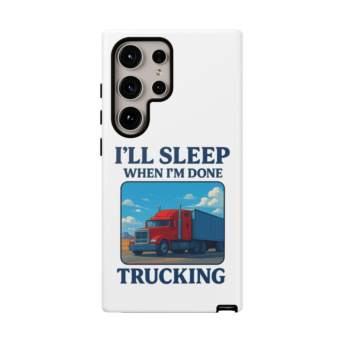 Glossy iPhone 16 Pro trucker phone case with "I'll Sleep When I'm Done Trucking" design by Printify, featuring a trucking theme.