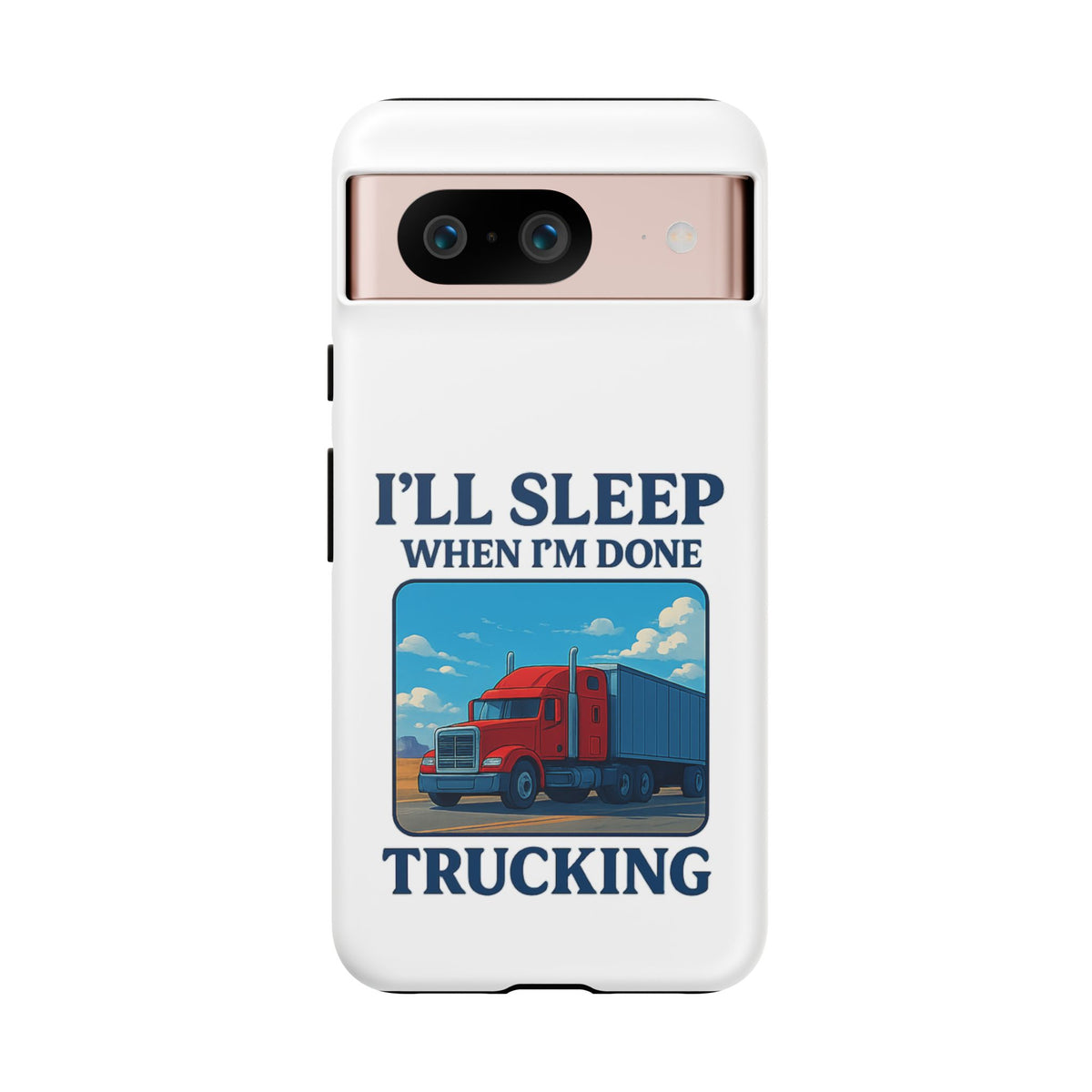 Glossy iPhone 16 Pro trucker phone case with "I'll Sleep When I'm Done Trucking" design by Printify, featuring a trucking theme.