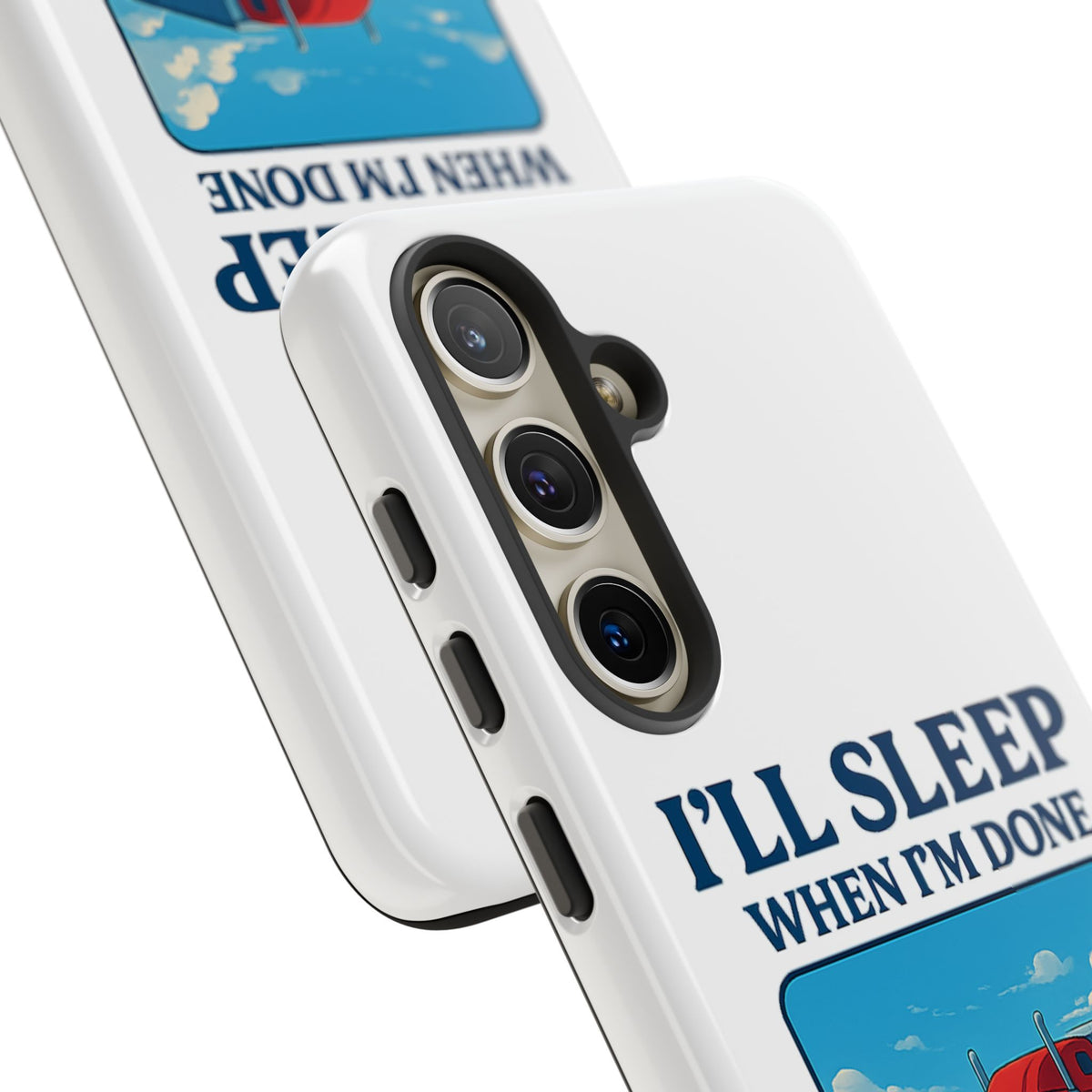 Glossy iPhone 16 Pro trucker phone case with "I'll Sleep When I'm Done Trucking" print by Printify, featuring a trucking-themed design.