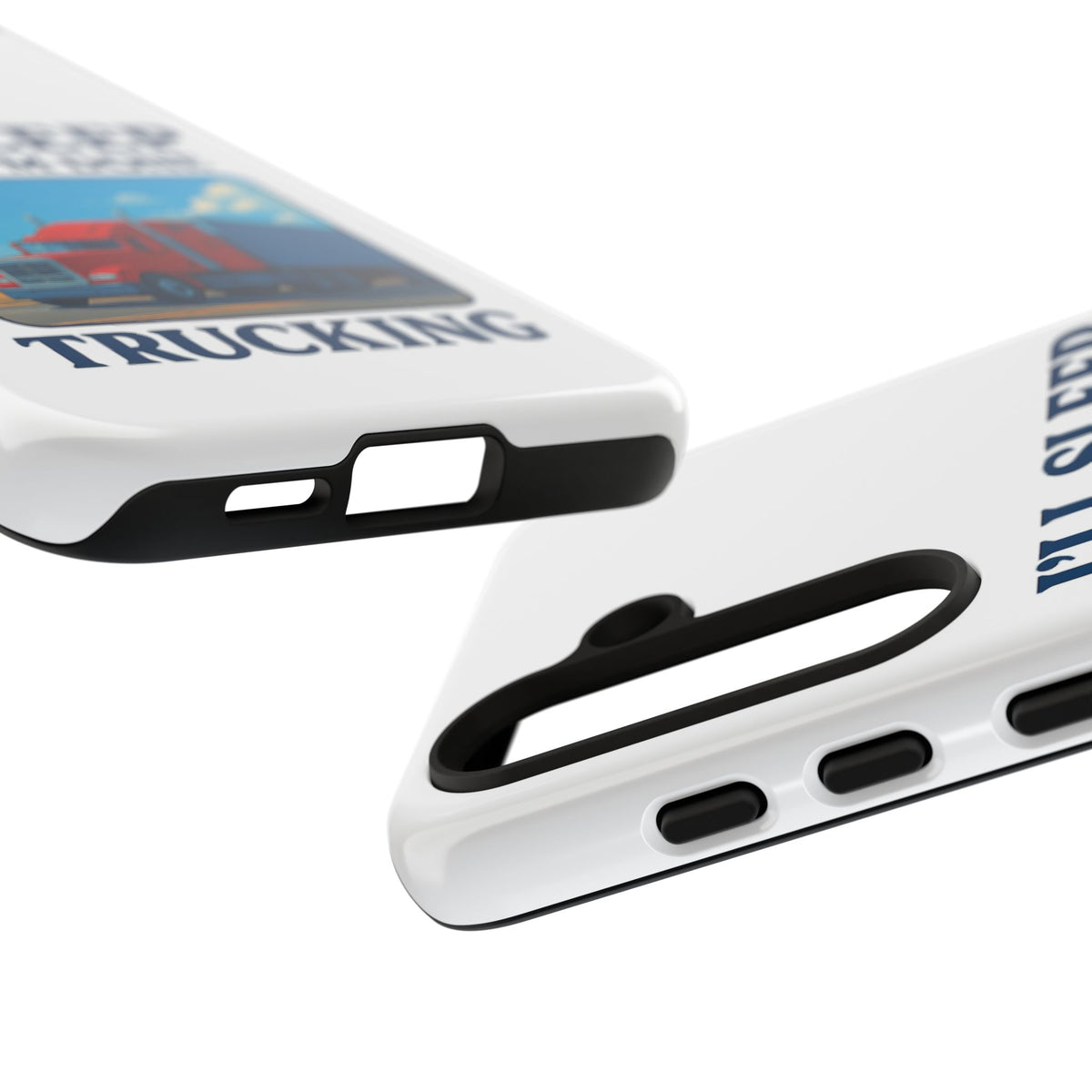Glossy iPhone 16 Pro trucker phone case with "I'll Sleep When I'm Done Trucking" design by Printify showing vibrant trucker theme.