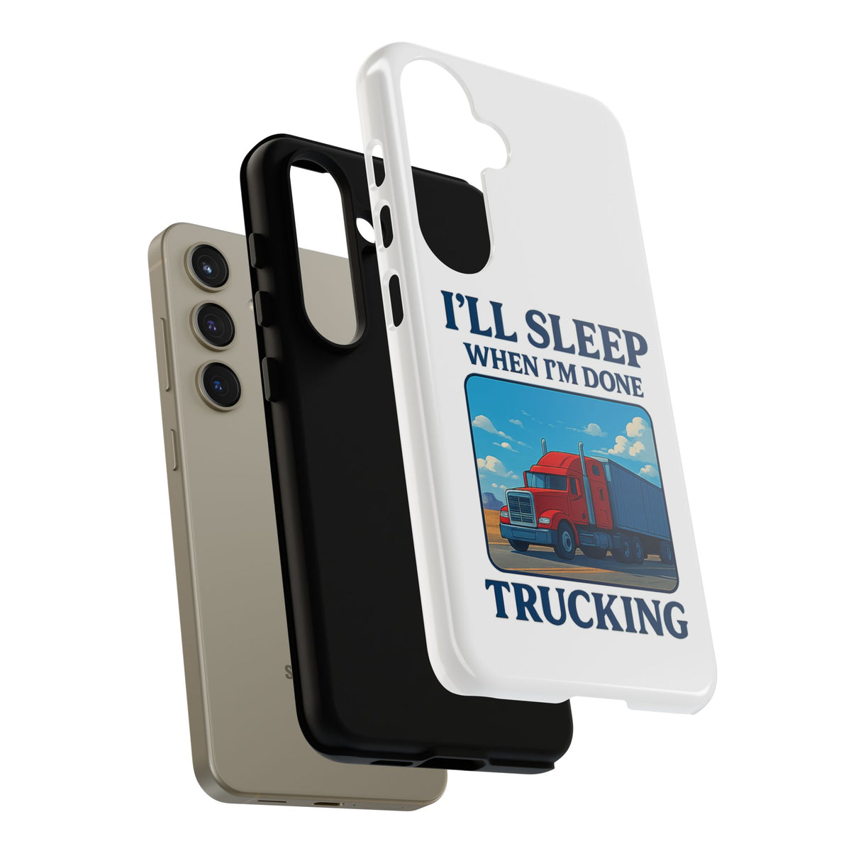 Glossy Trucker Phone Case for iPhone 16 Pro with humorous "I'll Sleep When I'm Done Trucking" design by Printify.