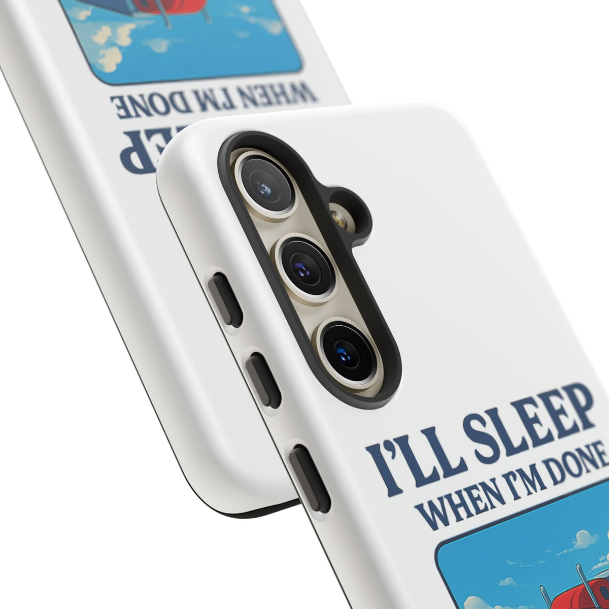 Glossy iPhone 16 Pro trucker phone case with humorous "I'll Sleep When I'm Done Trucking" print by Printify.