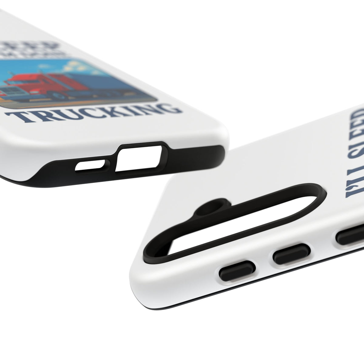 Glossy iPhone 16 Pro trucker phone case with humorous "I'll Sleep When I'm Done Trucking" design by Printify.