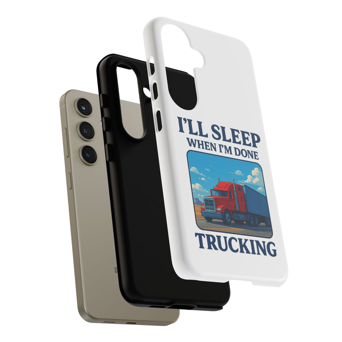 Glossy iPhone 16 Pro trucker phone case with "I'll Sleep When I'm Done Trucking" design by Printify, featuring a trucking-themed graphic.