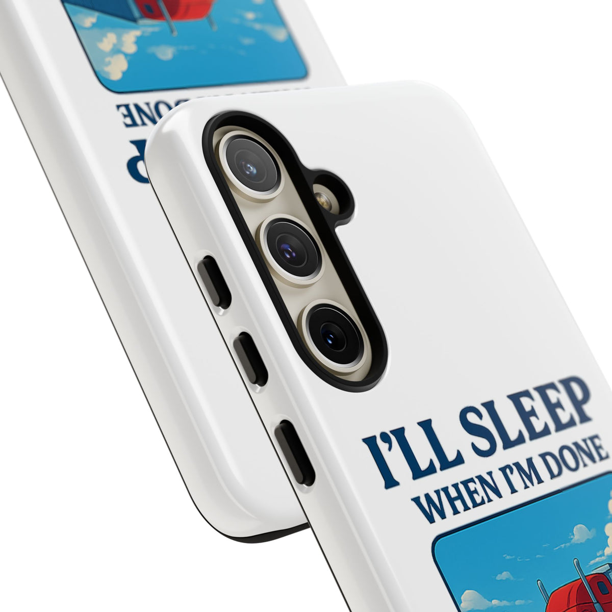 Glossy iPhone 16 Pro trucker phone case with humorous "I'll Sleep When I'm Done Trucking" design by Printify.