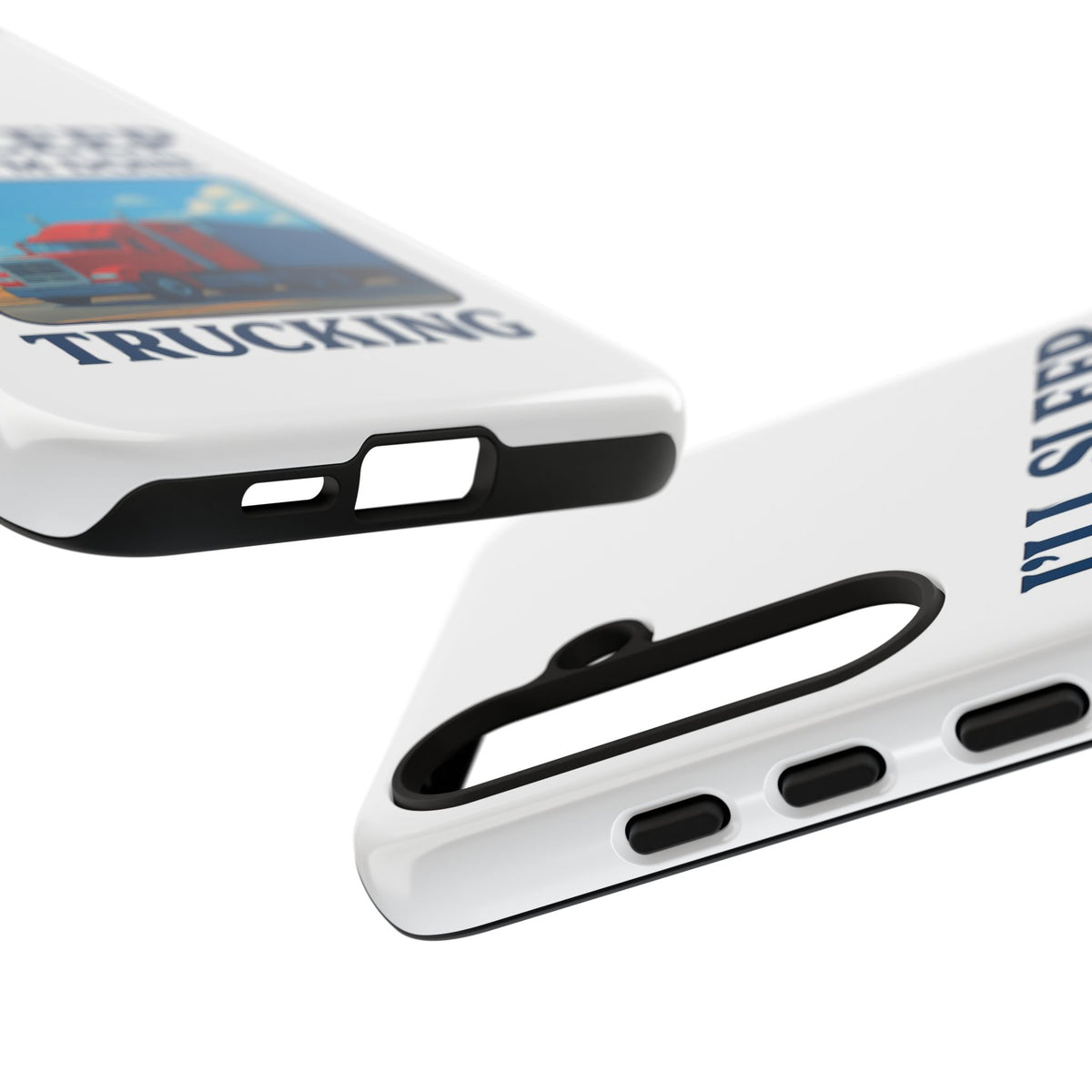 Glossy iPhone 16 Pro trucker phone case with humorous "I'll Sleep When I'm Done Trucking" print by Printify.