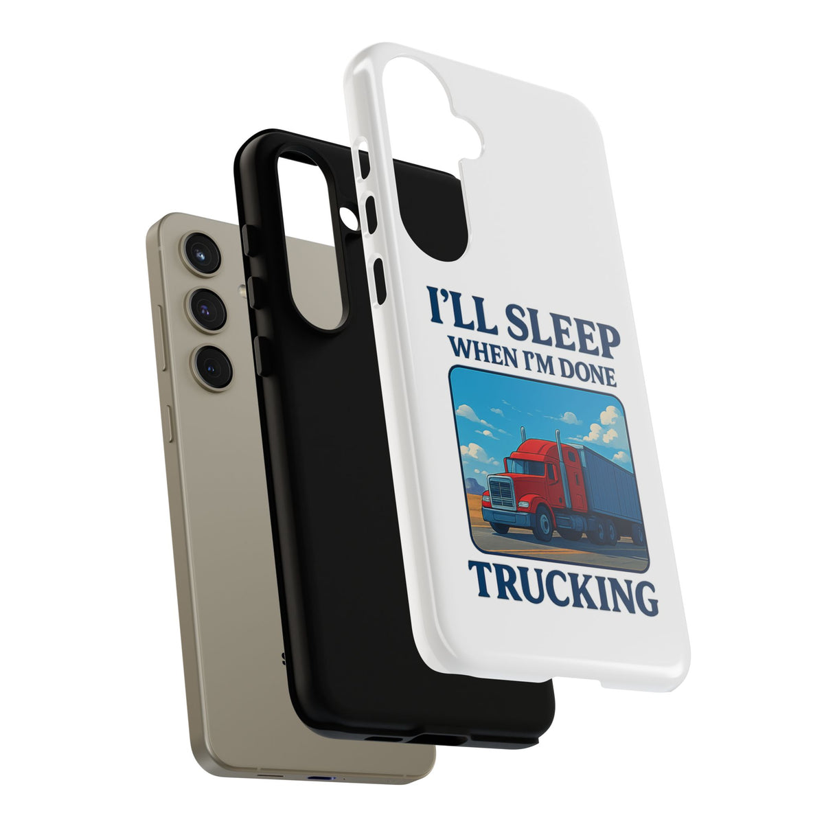 Glossy iPhone 16 Pro trucker phone case with "I'll Sleep When I'm Done Trucking" design by Printify.