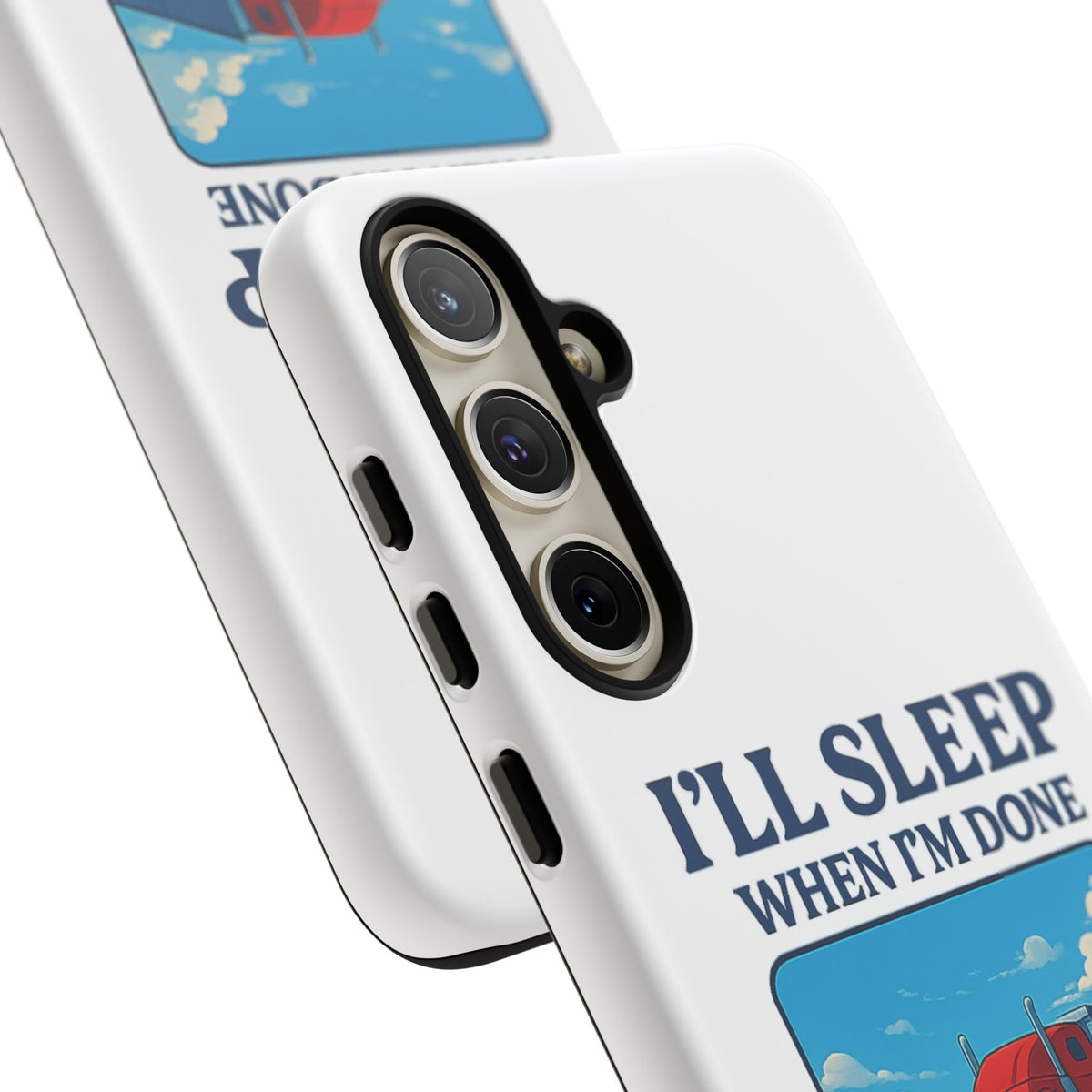 Glossy iPhone 16 Pro trucker phone case with humorous "I'll Sleep When I'm Done Trucking" design by Printify.
